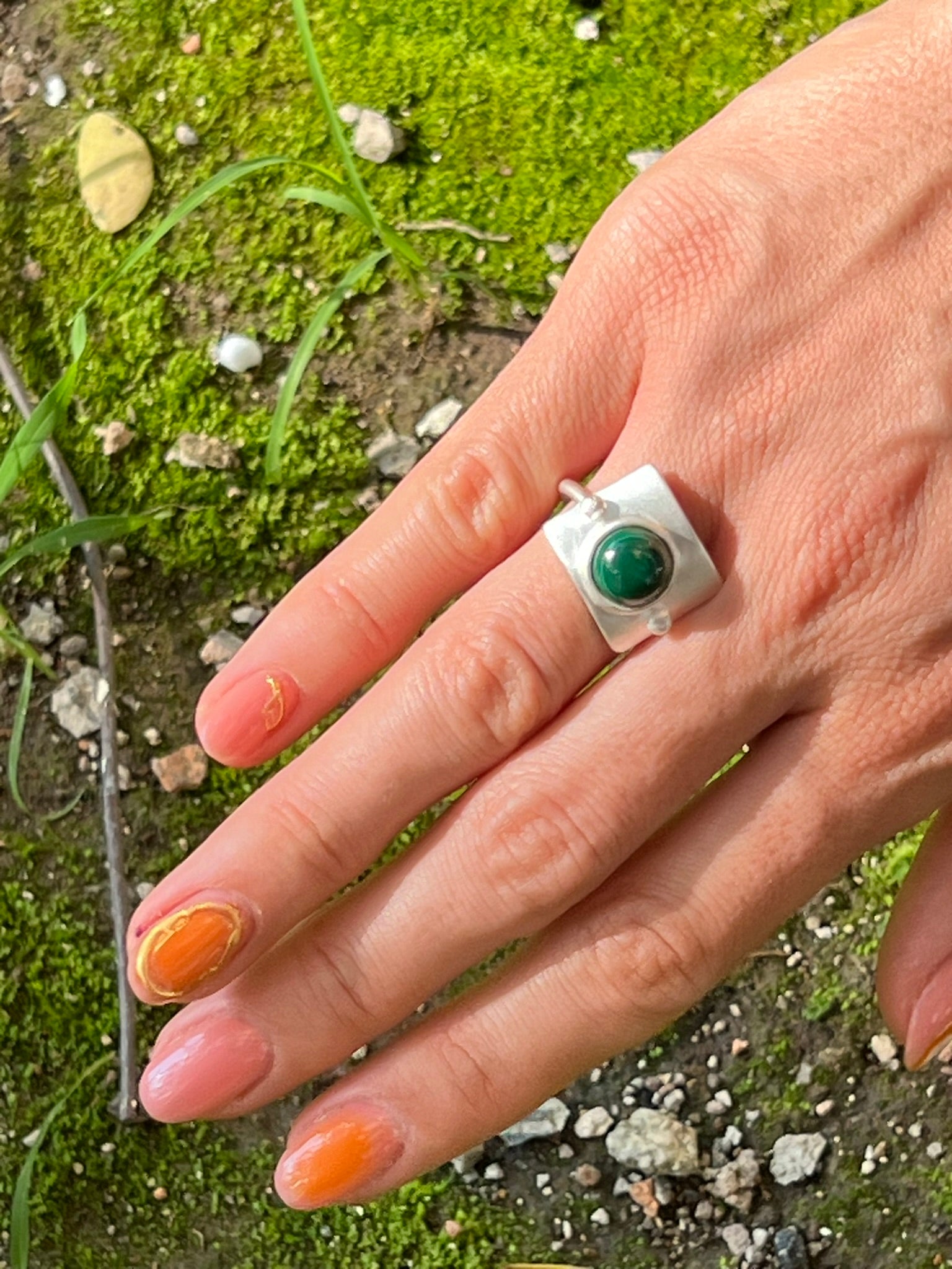 *Malachite Cabachon and Matte Sterling Silver Theia Ring*